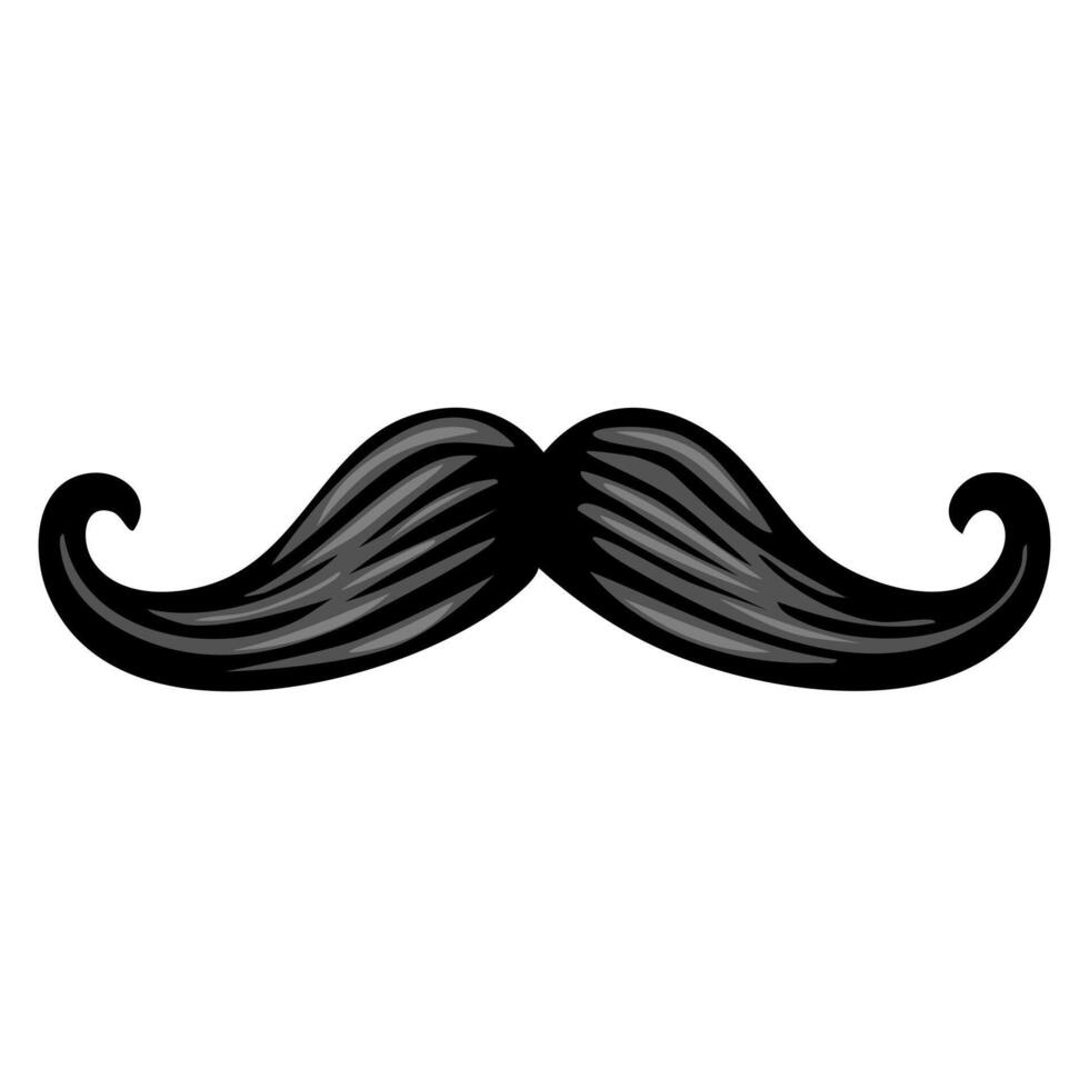 A stylized black mustache with curved ends, featuring a glossy finish and detailed texture. vector