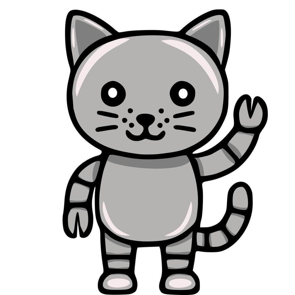 Adorable illustration of a friendly grey cat with striped legs waving hello, showcasing a unique cartoon style with bold outlines and soft grayscale palette. vector