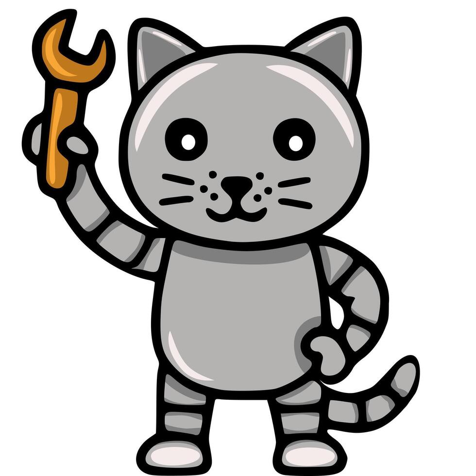 Adorable illustration of a cute robotic cat holding a wrench, showcasing a playful blend of animal and machine aesthetics, ideal for childrens products or tech-themed designs. vector