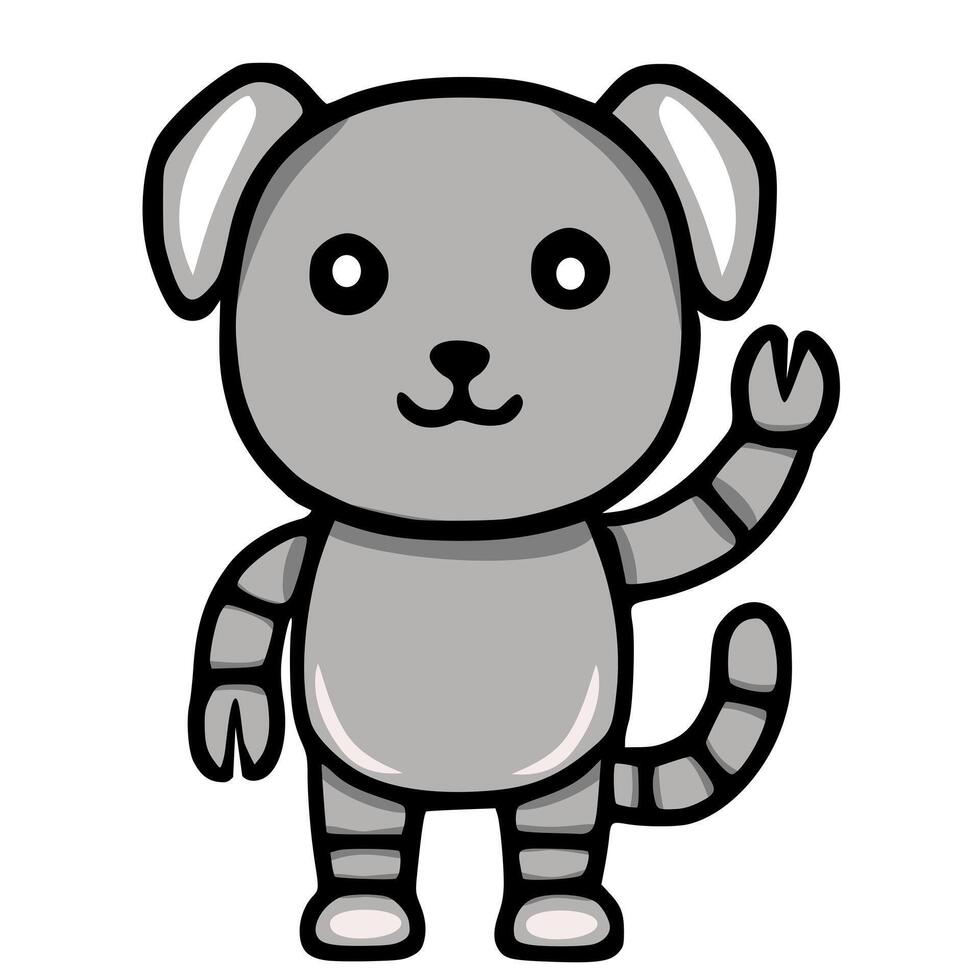 Adorable illustration of a friendly grey robotic dog waving, showcasing a unique blend of cartoon and technological aesthetics. vector