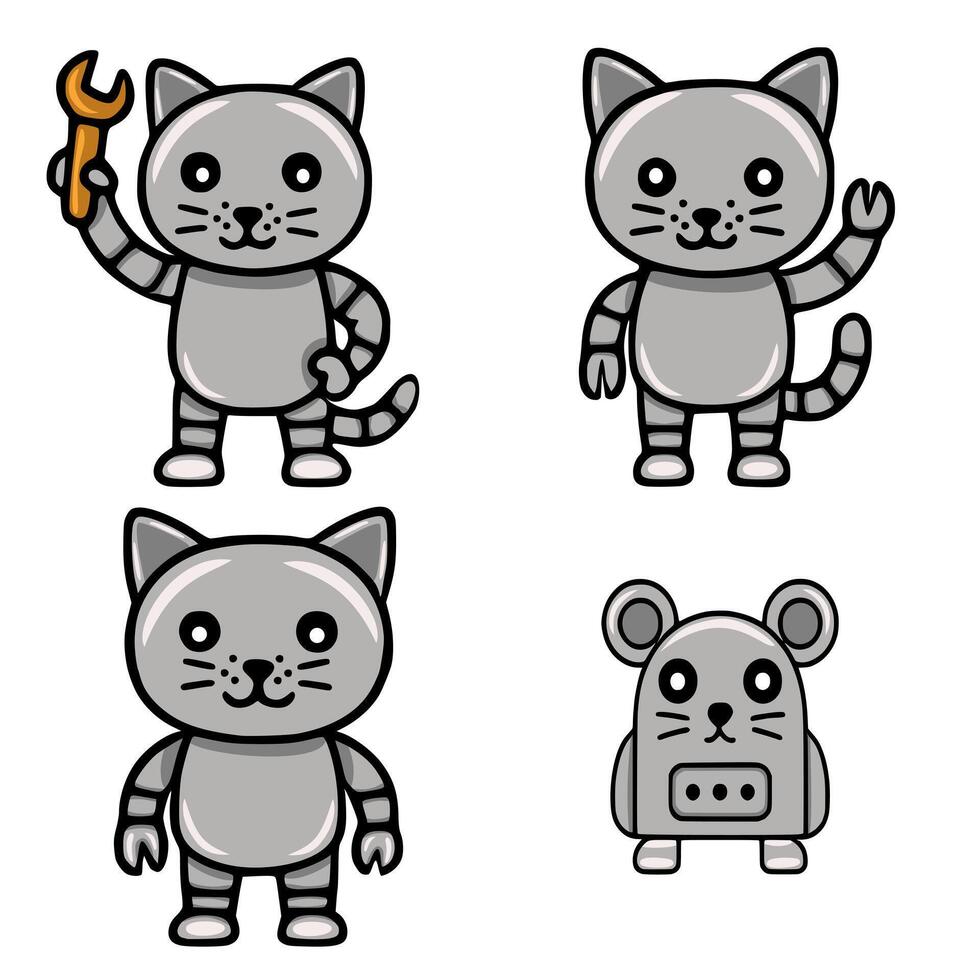 Adorable illustration of four cute robotic animals two grey cats, one holding a wrench, another waving, and a small robot mouse, all with friendly expressions and metallic bodies. vector