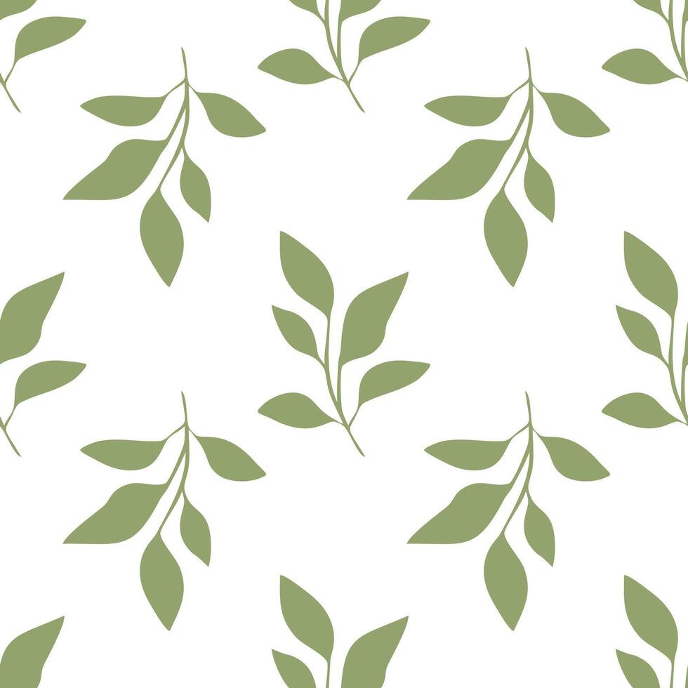 A seamless pattern featuring stylized green leaves on a white background, creating a fresh and natural aesthetic. vector