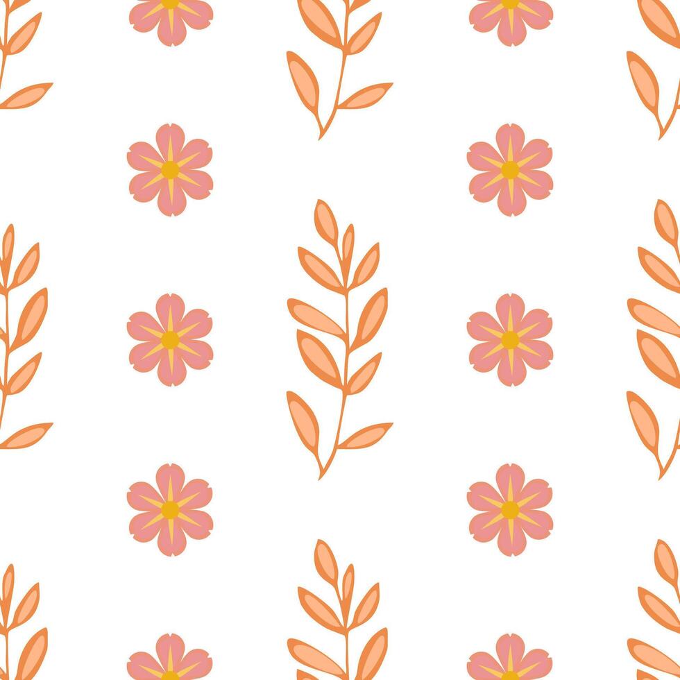 A seamless floral pattern featuring pink flowers with yellow centers and orange leaves on a white background. Ideal for fabric design, wallpapers, or stationery. vector