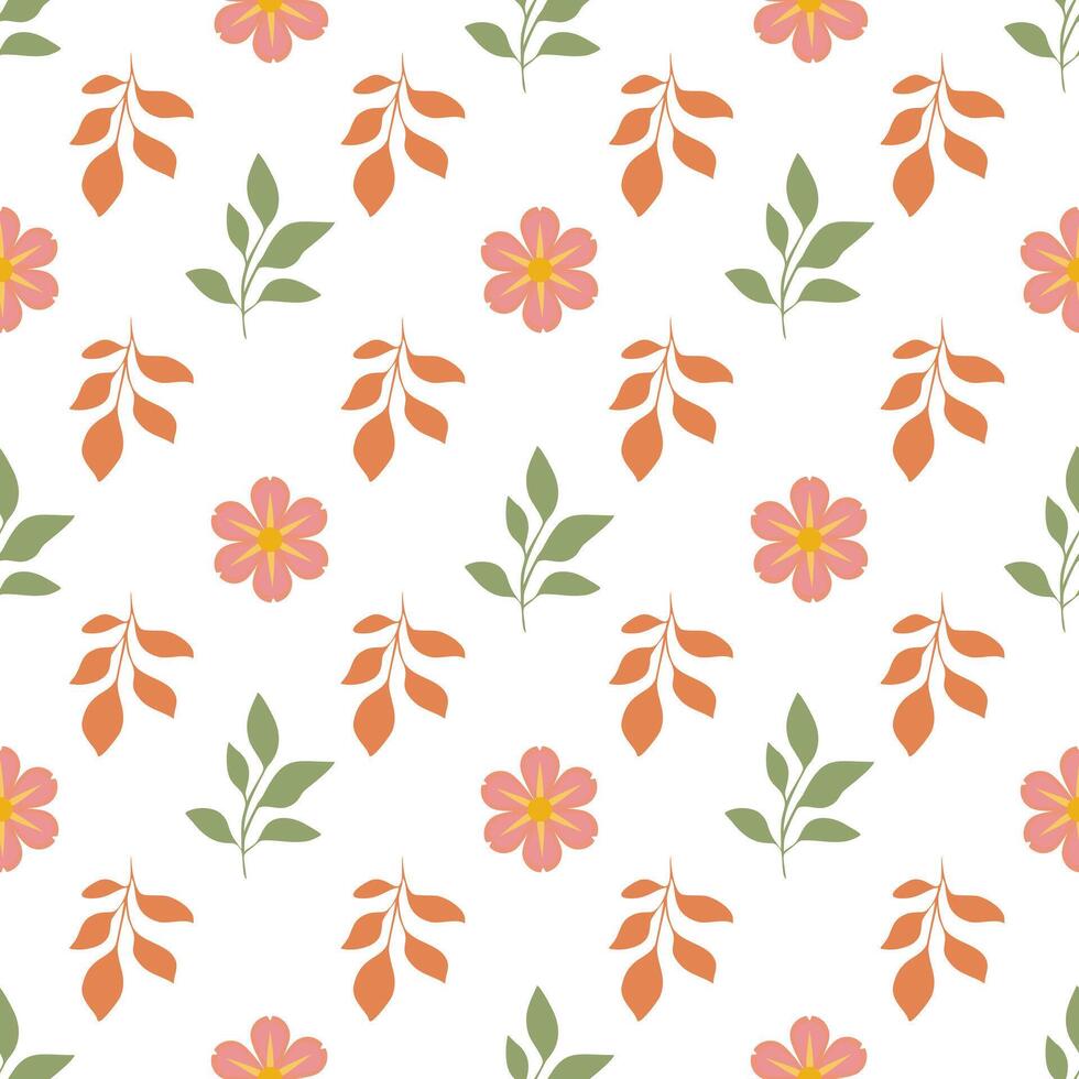 A seamless pattern featuring stylized flowers and leaves in soft colors. The design includes pink flowers, orange leaves, and green foliage on a white background, creating a fresh vector