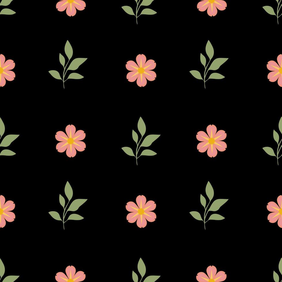 A seamless pattern featuring pink flowers and green leaves on a black background. The design is vibrant and suitable for fabric, wallpaper, or stationery. vector