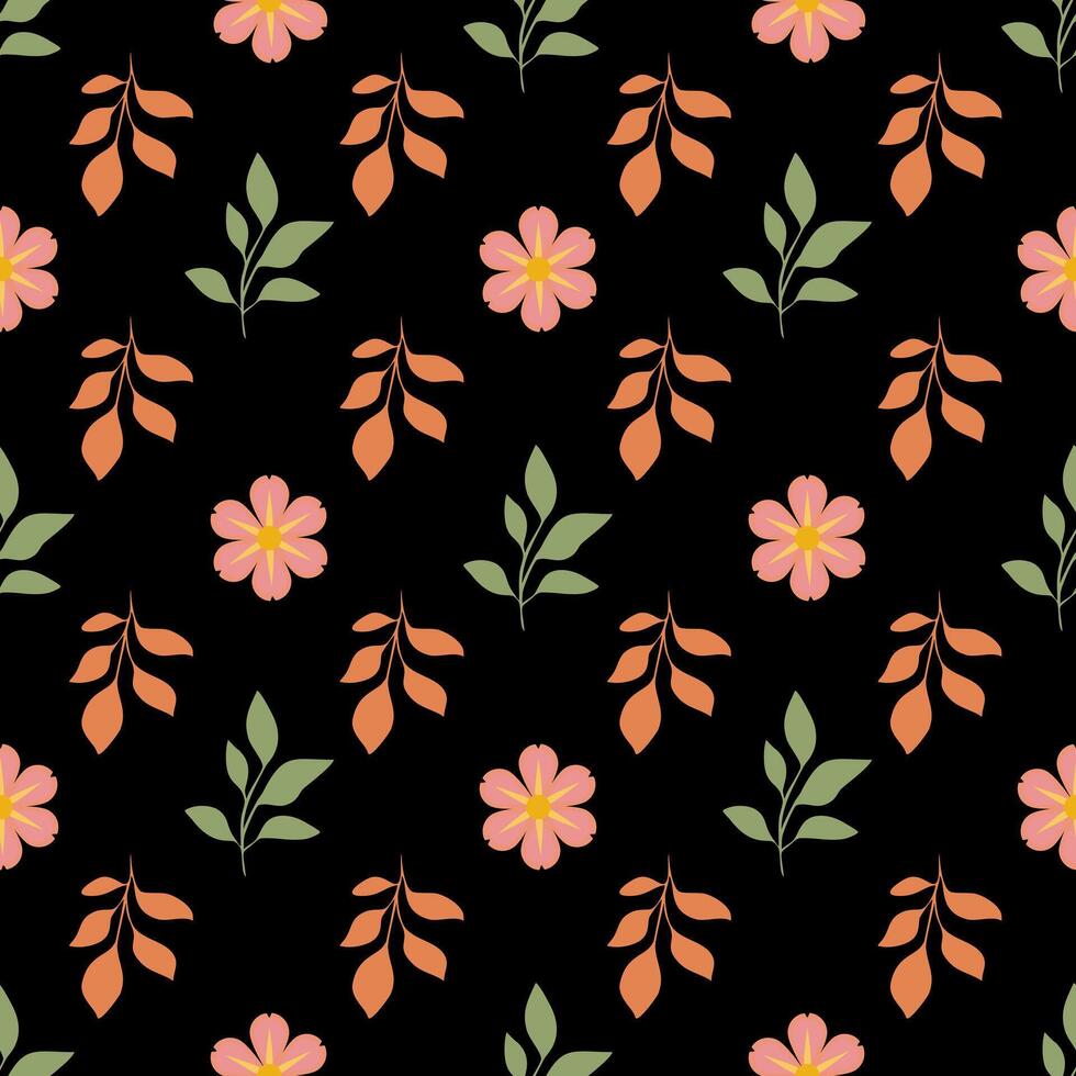 A seamless floral pattern featuring pink flowers and orange leaves on a black background. The design is vibrant and modern, suitable for textiles or wallpapers. vector
