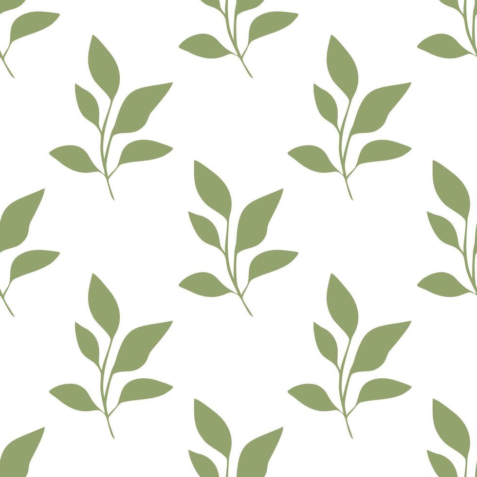 A seamless pattern featuring stylized green leaves on a white background, ideal for textile design or wallpaper. vector