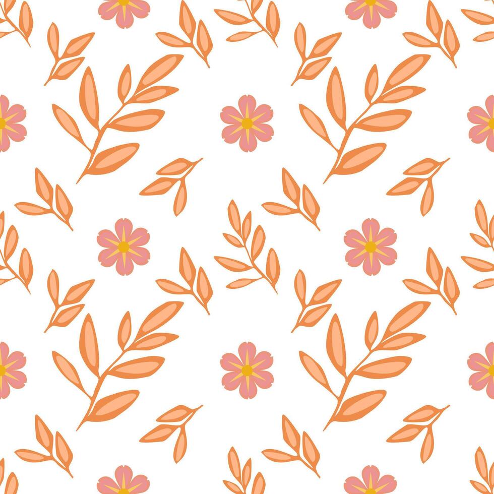 A seamless pattern featuring orange leaves and pink flowers on a white background. The design is cheerful and vibrant, suitable for textiles or wallpapers. vector