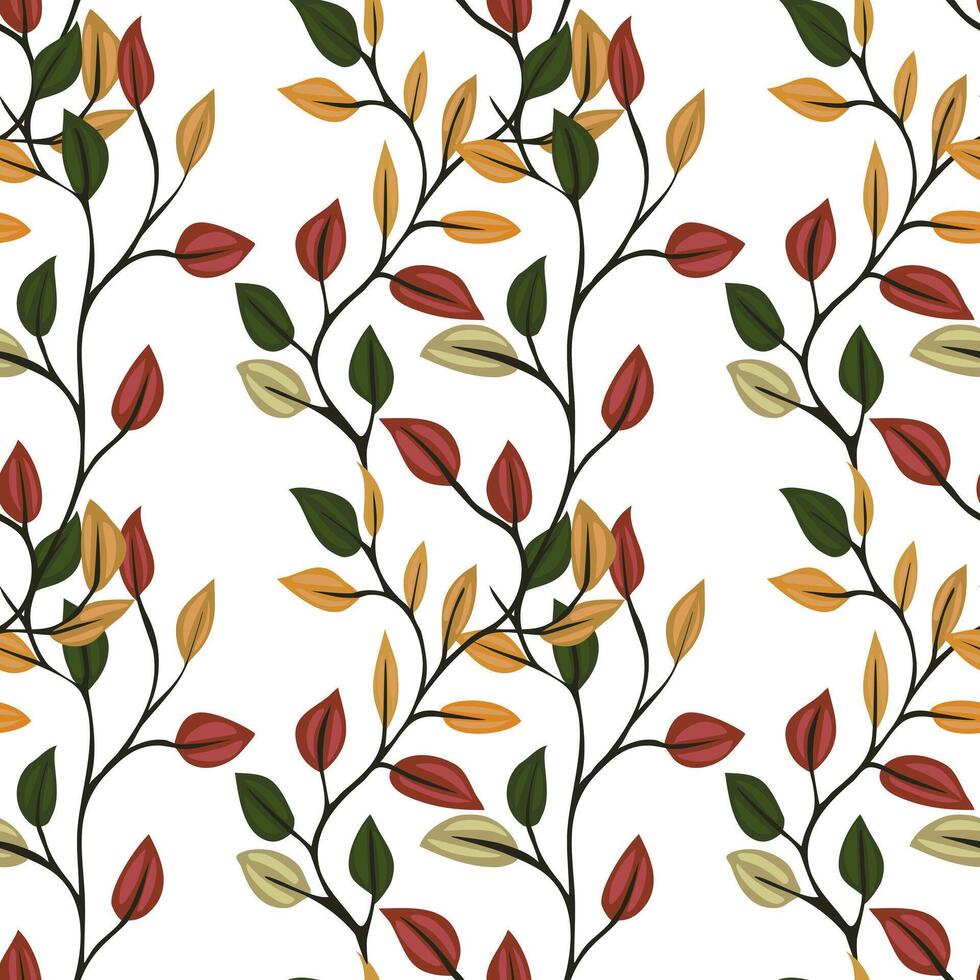 A seamless pattern featuring stylized leaves in various colors including red, yellow, green, and brown on a white background. The design has a natural and organic feel, suitable for textiles vector