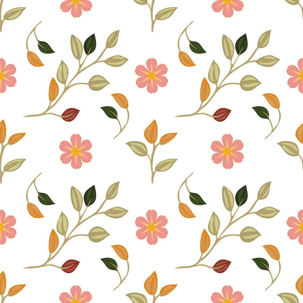 A seamless floral pattern featuring colorful leaves and flowers on a white background. The design includes pink flowers, orange and red buds, and green leaves, creating a vibrant vector