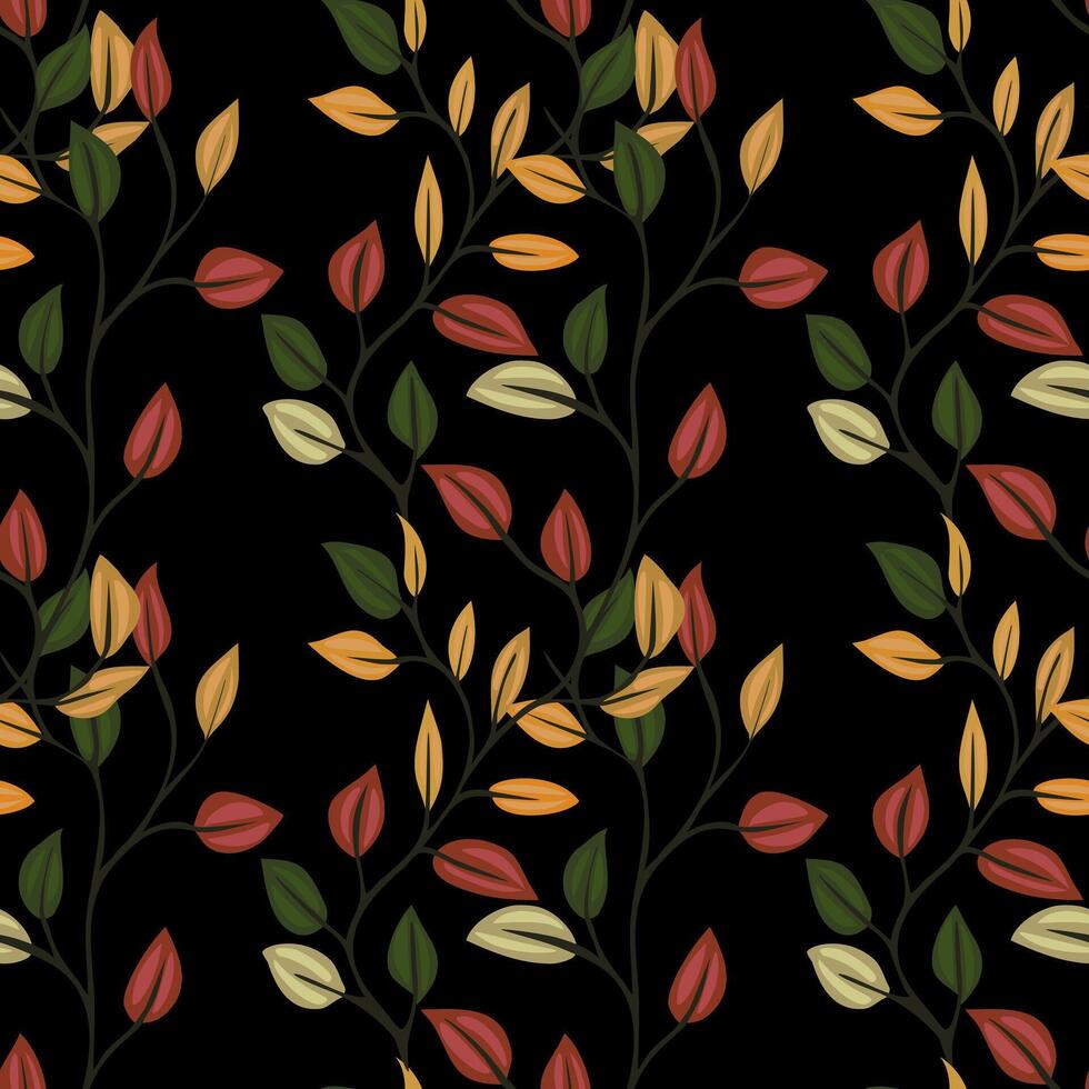 A seamless pattern featuring stylized leaves in various colors including red, yellow, green, and cream, set against a black background. The design is elegant and suitable for textiles. vector