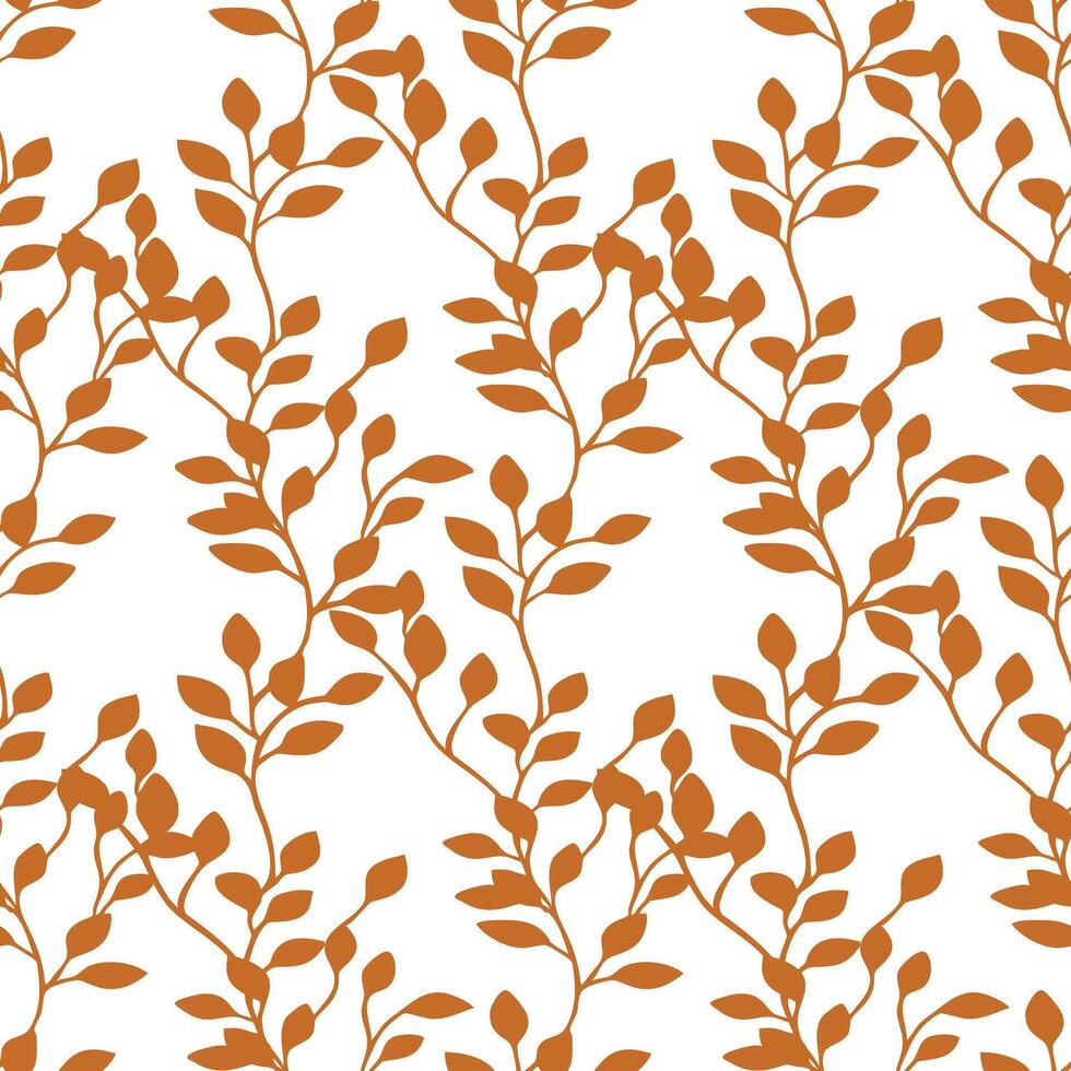 A seamless pattern featuring stylized branches with leaves in a warm orange color on a white background. The design is elegant and suitable for various applications such as textiles, wallpapers vector