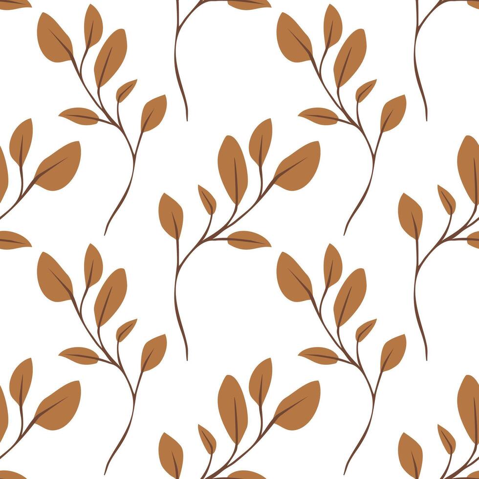 A seamless pattern featuring stylized brown leaves on a white background. The design showcases a variety of leaf shapes and sizes, arranged in a balanced and harmonious layout, ideal for textiles vector