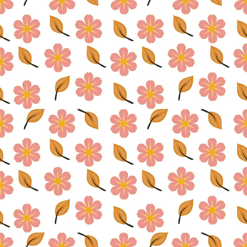 A seamless pattern featuring pink flowers and orange leaves on a white background. The flowers have yellow centers and are arranged in a balanced, repeating design. vector