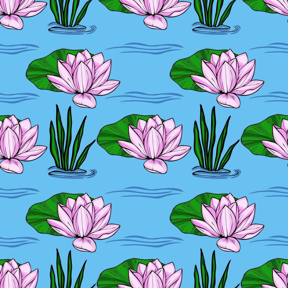 A vibrant seamless pattern featuring delicate pink water lilies, lush green lily pads, and swaying aquatic grasses on a tranquil light blue water backdrop, creating a serene and harmonious vector