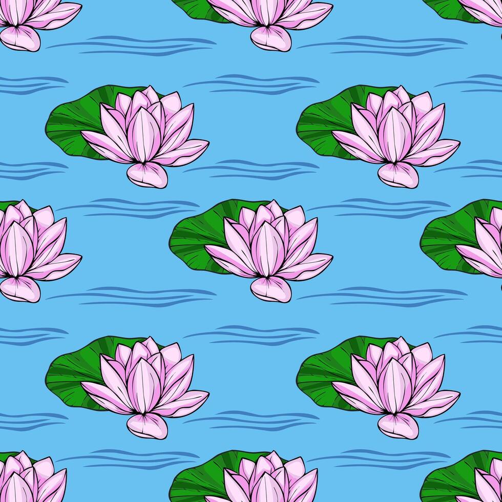 A serene seamless pattern featuring delicate pink water lilies gracefully floating on a light blue water surface, subtly textured with wavy lines, creating a calming and elegant design. vector
