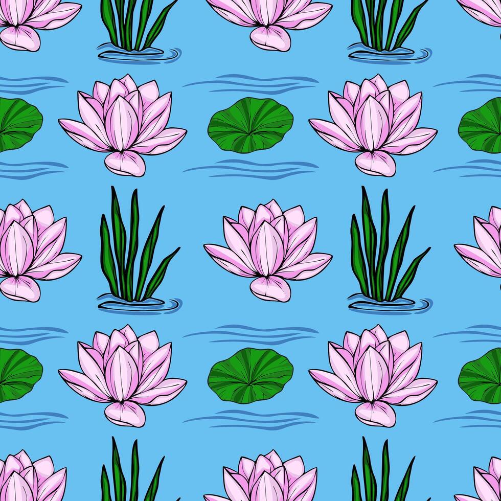A serene seamless pattern featuring delicate pink lotus flowers, vibrant green lily pads, and lush aquatic plants gracefully floating on a tranquil light blue water surface. vector