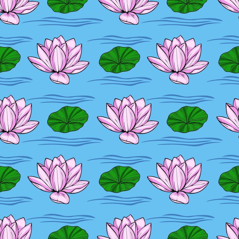 Serene seamless pattern featuring delicate pink lotus flowers and vibrant green lily pads gracefully floating on a tranquil blue water surface, depicted with subtle wave patterns. vector