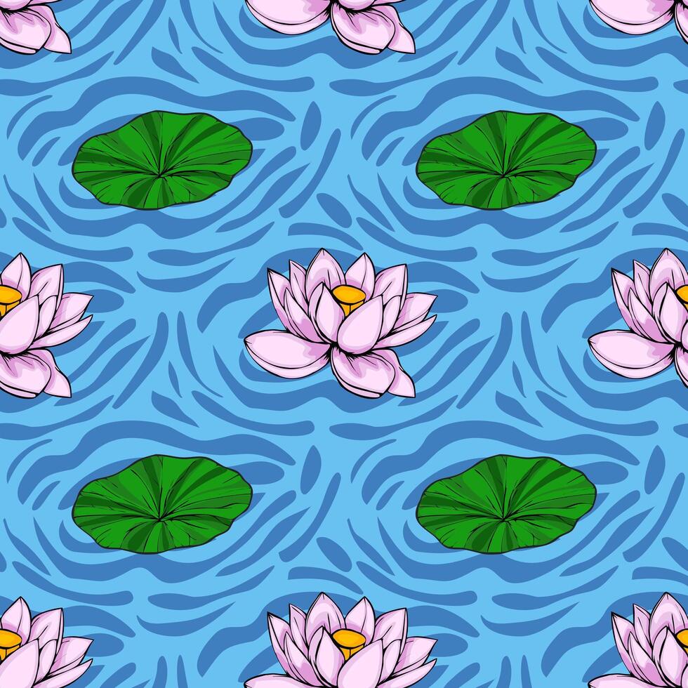 A serene seamless pattern featuring stylized pink lotus flowers and lily pads floating on a textured blue water background, creating a calming and elegant design. vector