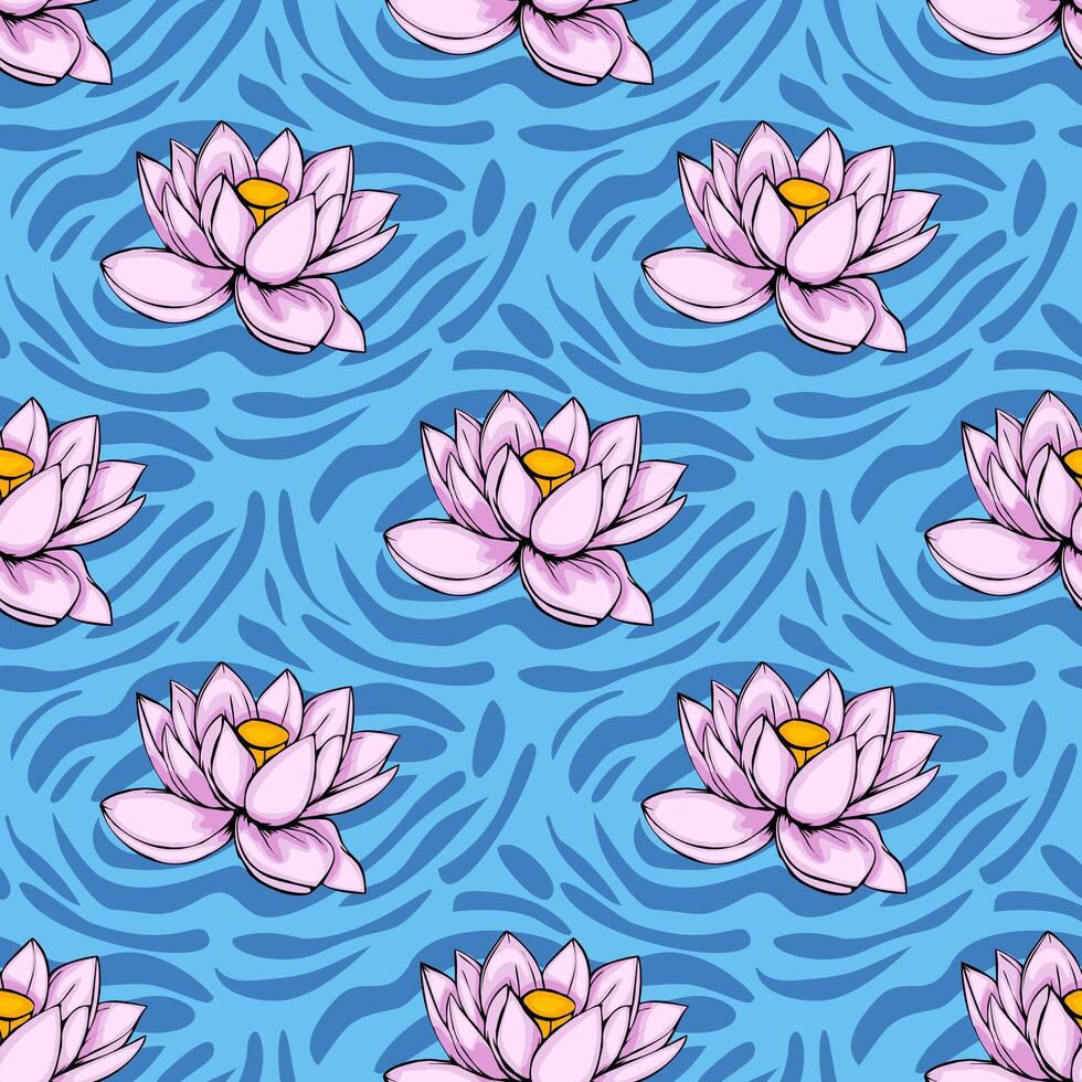 Seamless pattern featuring stylized pink lotus flowers blooming on a vibrant blue water-like background with dynamic abstract wavy lines, creating a serene and elegant design. vector