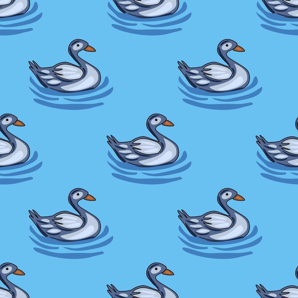 Seamless pattern featuring stylized grey ducks gracefully gliding on a serene light blue water surface, creating a tranquil and charming design ideal for various applications. vector