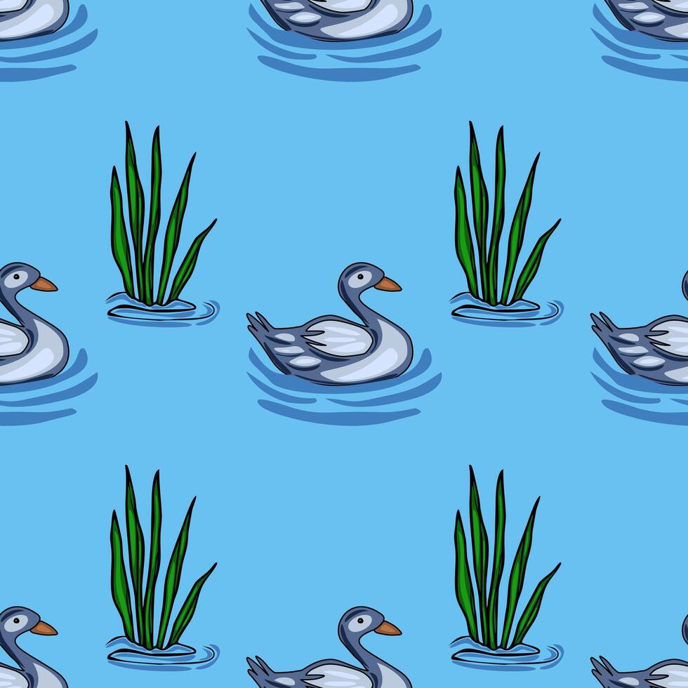 A charming seamless pattern featuring stylized ducks gracefully swimming amidst vibrant green reeds on a tranquil light-blue lake, creating a serene and playful aquatic scene. vector