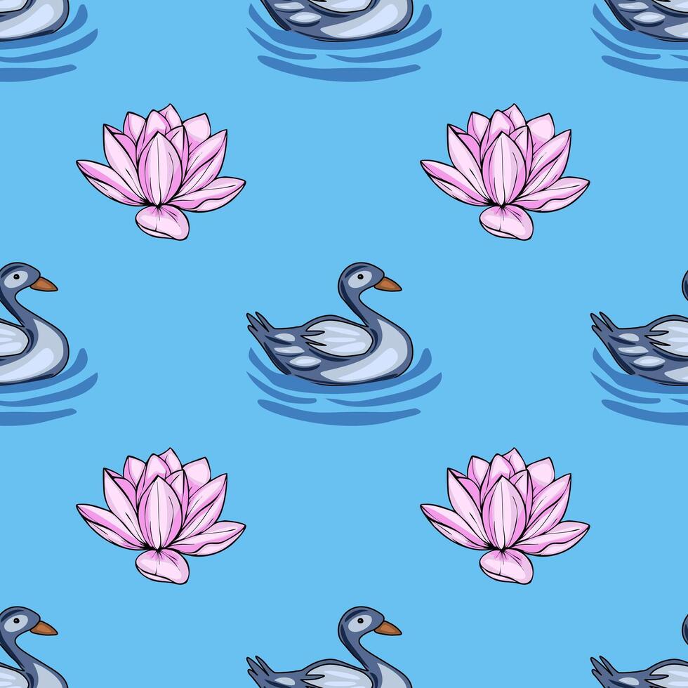 Serene seamless pattern featuring stylized grey ducks swimming amidst pink water lilies on a tranquil light-blue background, creating a calming and elegant design. vector