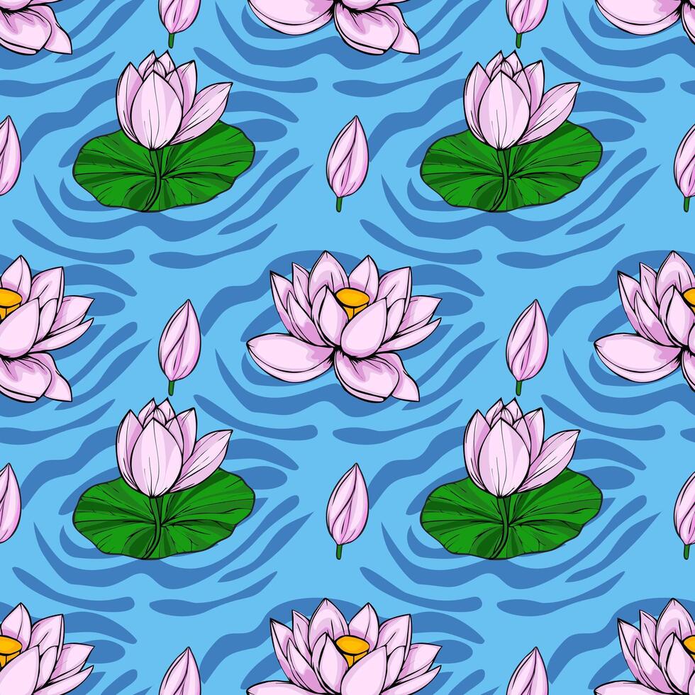 Seamless pattern featuring stylized pink lotus flowers and buds floating on a vibrant blue water background with wavy texture. vector