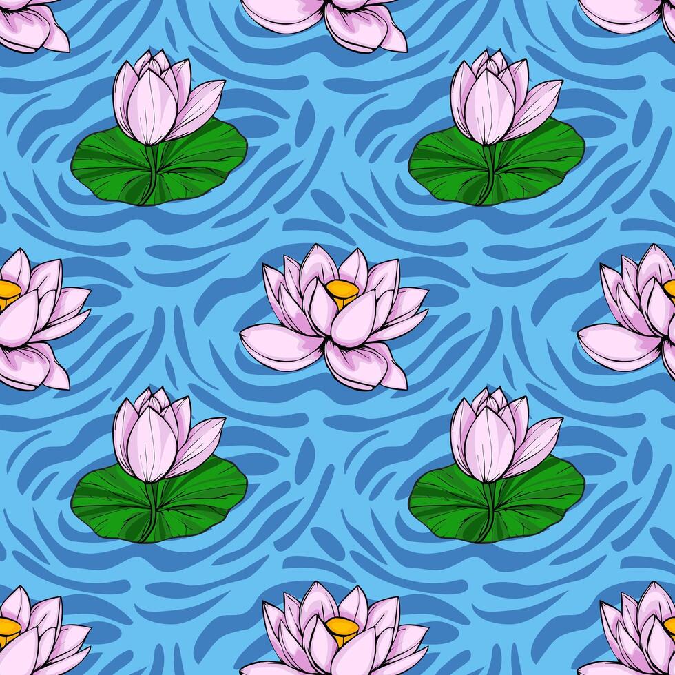 A vibrant seamless pattern featuring stylized pink lotus flowers blooming on lily pads atop a dynamic blue water texture, creating a serene and elegant design. vector