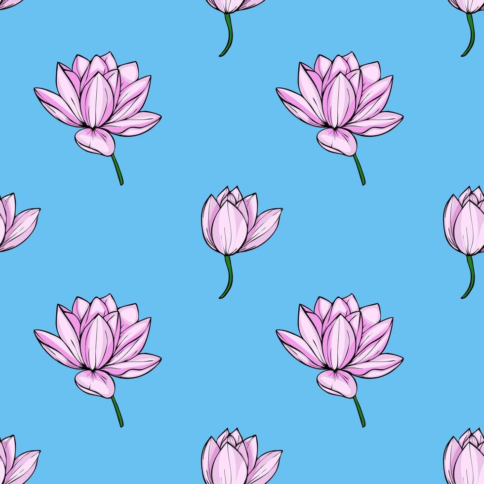 This seamless pattern features a whimsical arrangement of light pink lotus flowers, elegantly scattered against a vibrant light blue backdrop, creating a serene and stylish design. vector
