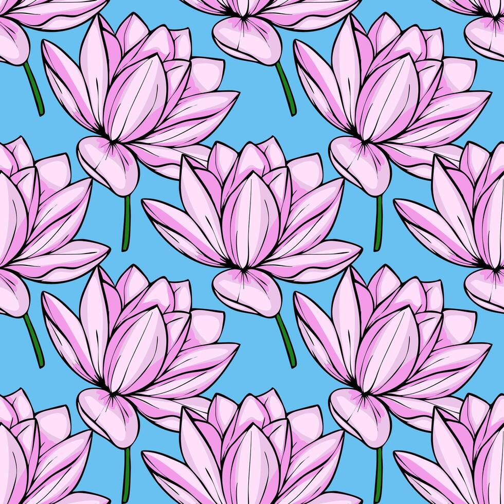 Seamless pattern featuring a vibrant arrangement of stylized pink lotus flowers on a light blue background, showcasing bold outlines and delicate color gradients for a modern floral design. vector