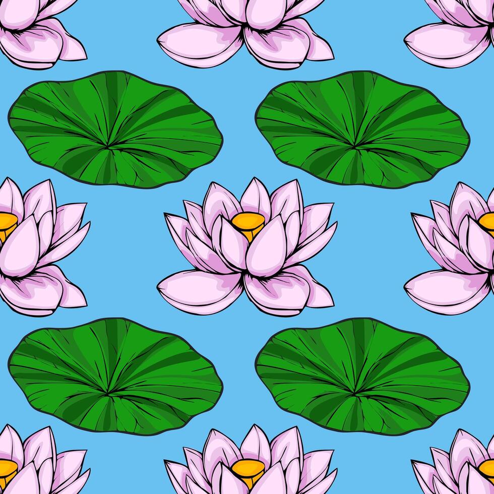 Vibrant seamless pattern featuring stylized pink lotus flowers and large green lily pads against a light blue background, creating a serene and tranquil aquatic scene. vector
