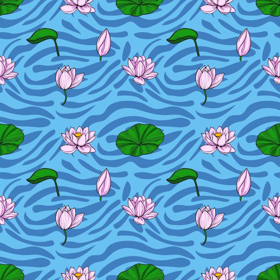 Serene seamless pattern featuring delicate pink lotus flowers and lily pads floating on a stylized blue water surface with wavy texture. vector