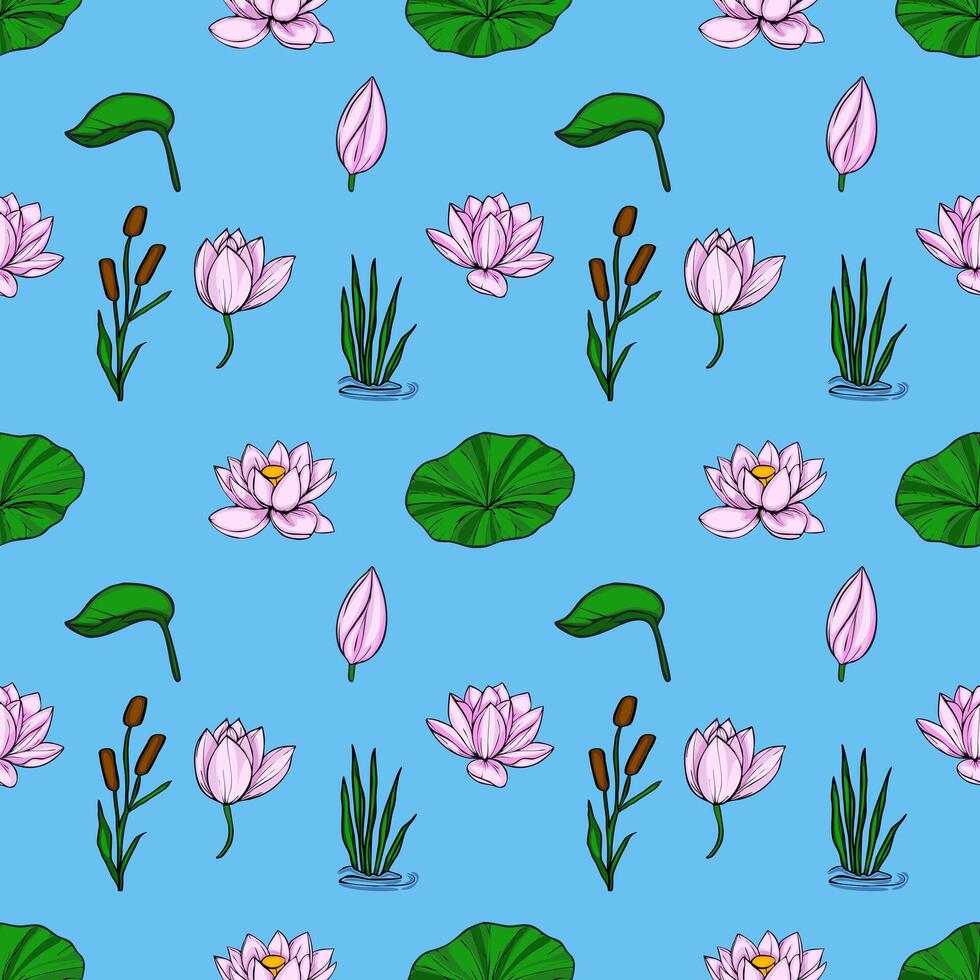 A vibrant seamless pattern showcasing a tranquil pond scene with delicate pink lotus flowers, lush green lily pads, reeds, and cattails, creating a serene and harmonious aquatic design. vector