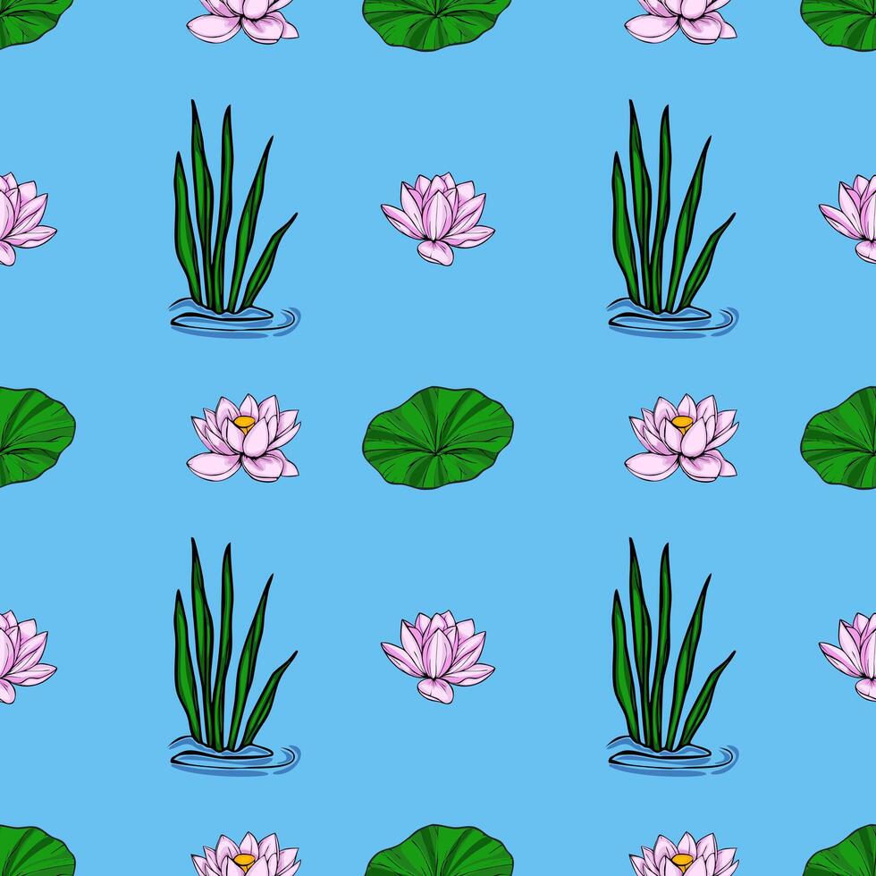 Serene seamless pattern featuring delicate pink lotus flowers, vibrant green lily pads, and lush aquatic plants, creating a tranquil water garden scene on a soft blue background. vector
