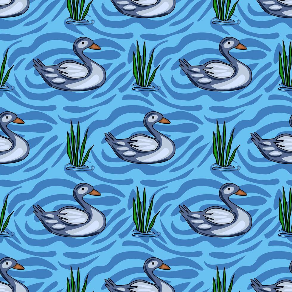 Serene seamless pattern featuring stylized grey ducks gracefully gliding on a vibrant blue water surface, interspersed with lush green reeds, creating a tranquil aquatic scene. vector