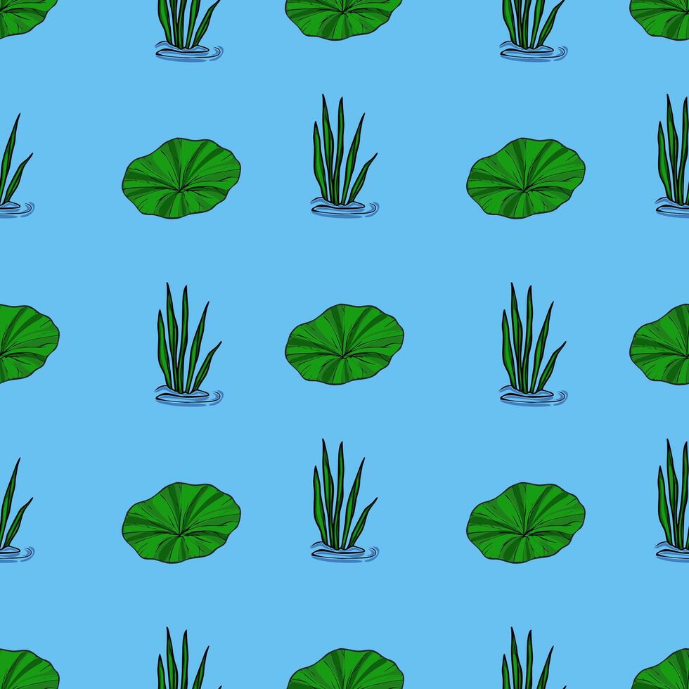 Seamless pattern featuring stylized illustrations of vibrant green lily pads and aquatic grasses floating on a tranquil light blue water surface, creating a serene and refreshing design. vector