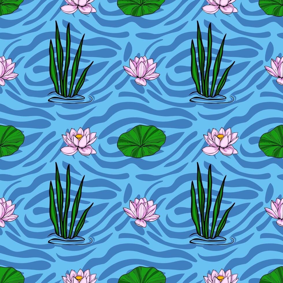 Serene seamless pattern featuring stylized pink lotus flowers, vibrant green lily pads, and aquatic plants gracefully floating on a textured blue water surface, creating a tranquil and elega... vector