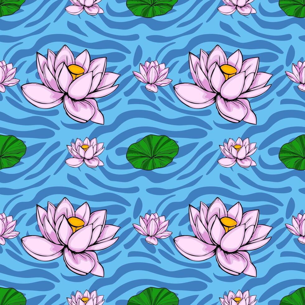 Seamless pattern featuring stylized pink lotus flowers and lily pads floating on a vibrant blue water surface with a wavy, abstract texture. vector