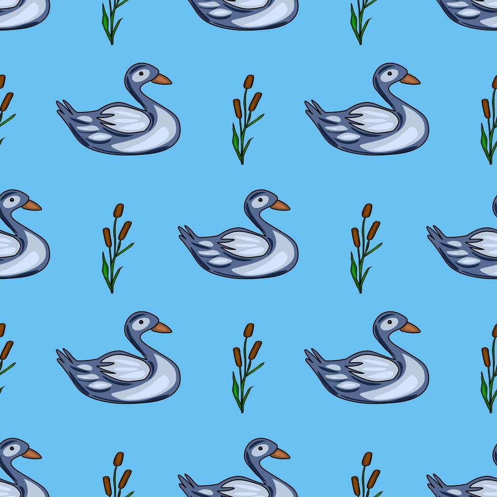 Seamless pattern featuring stylized grey ducks and cattails on a light blue background, creating a charming and tranquil lake scene. vector