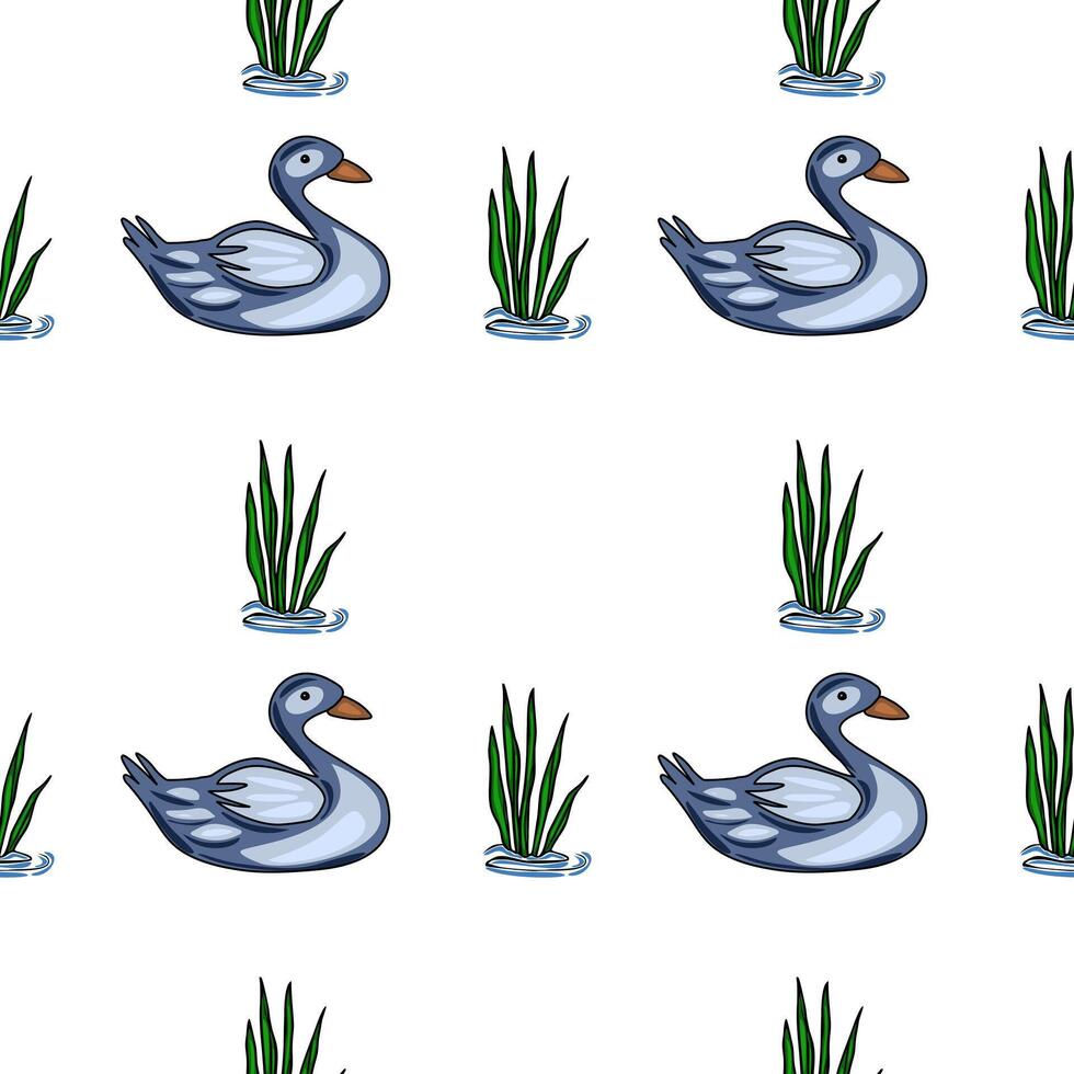 Seamless pattern featuring stylized grey ducks swimming amidst vibrant green reeds on a pristine white background, creating a tranquil and charming aquatic scene. vector