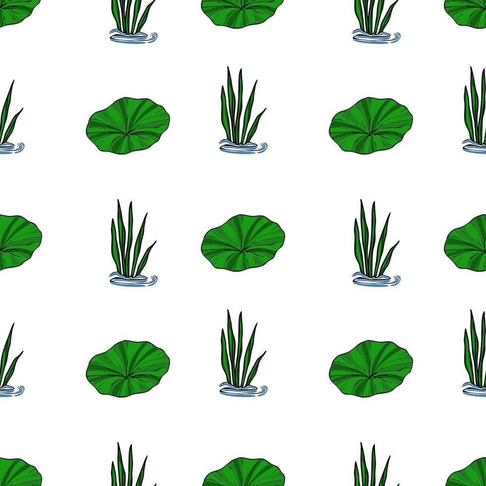 A vibrant seamless pattern featuring stylized illustrations of large, round lily pads and aquatic grasses, creating a refreshing and tranquil aquatic scene. vector