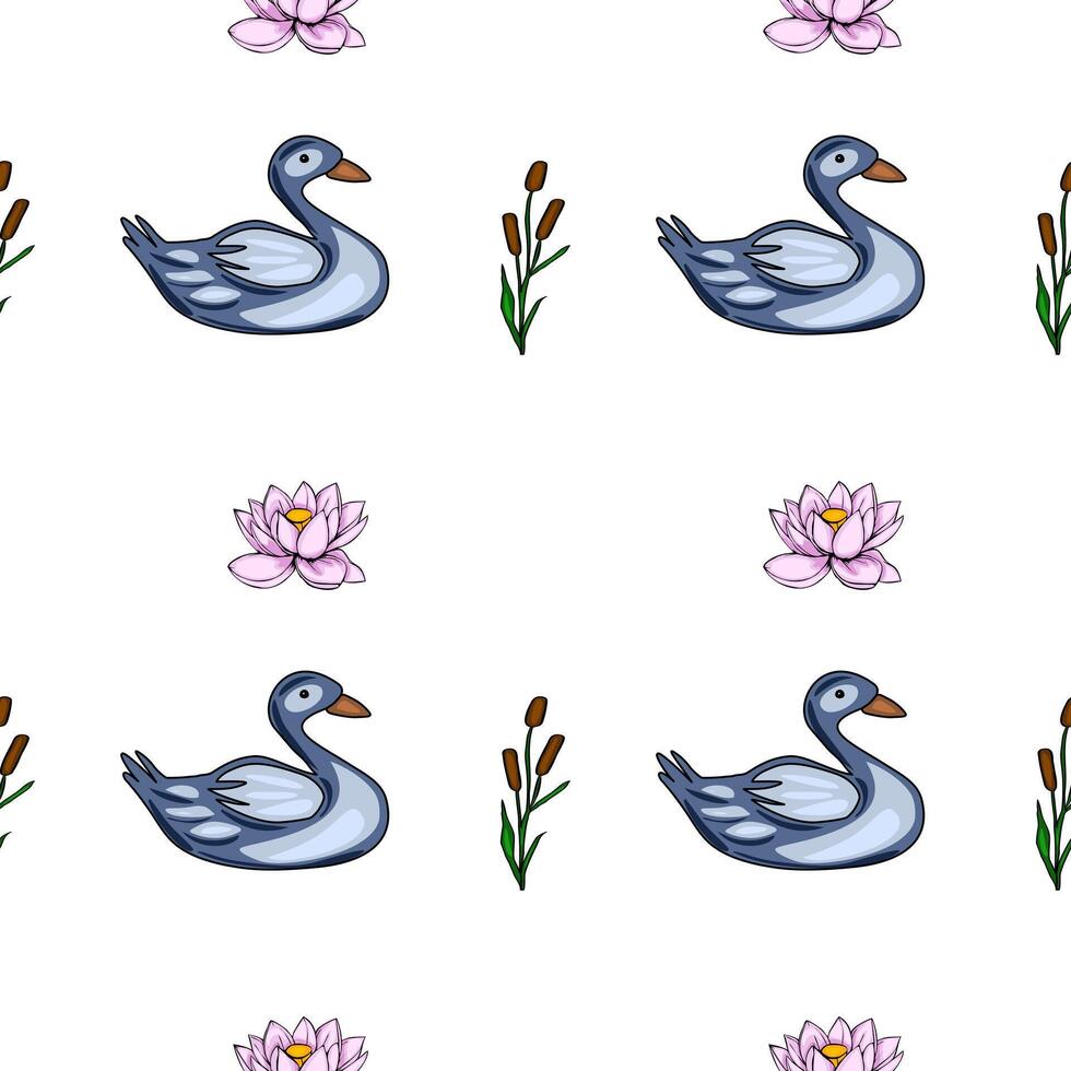 Serene seamless pattern featuring stylized ducks, water lilies, and cattails, creating a tranquil lake scene ideal for textile prints or wallpaper designs. vector