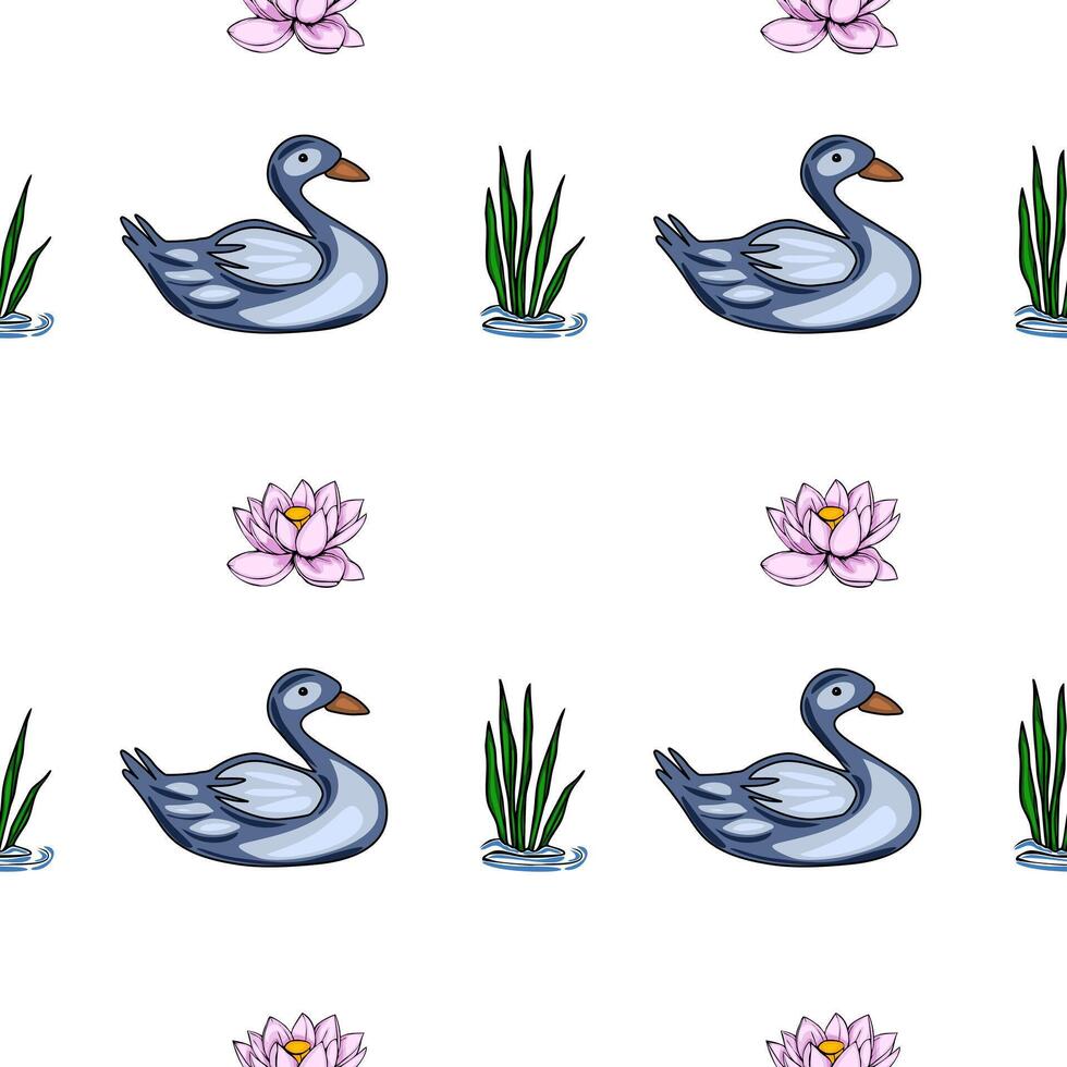 Serene seamless pattern featuring stylized grey ducks, pink lotus flowers, and lush green reeds, creating a tranquil pond scene perfect for textile design or wallpaper. vector