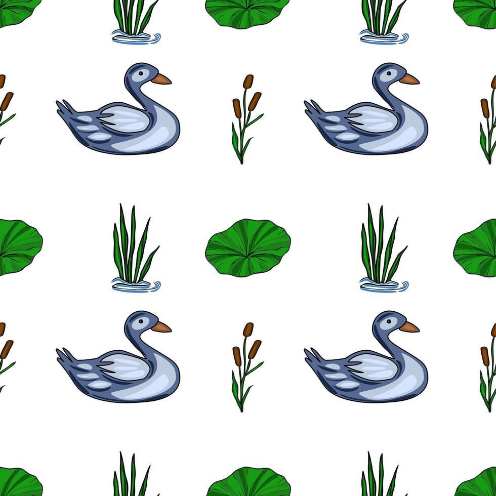 A charming seamless pattern featuring stylized grey ducks peacefully swimming amidst lush green reeds, water lilies, and cattails, creating a serene and tranquil aquatic scene. vector
