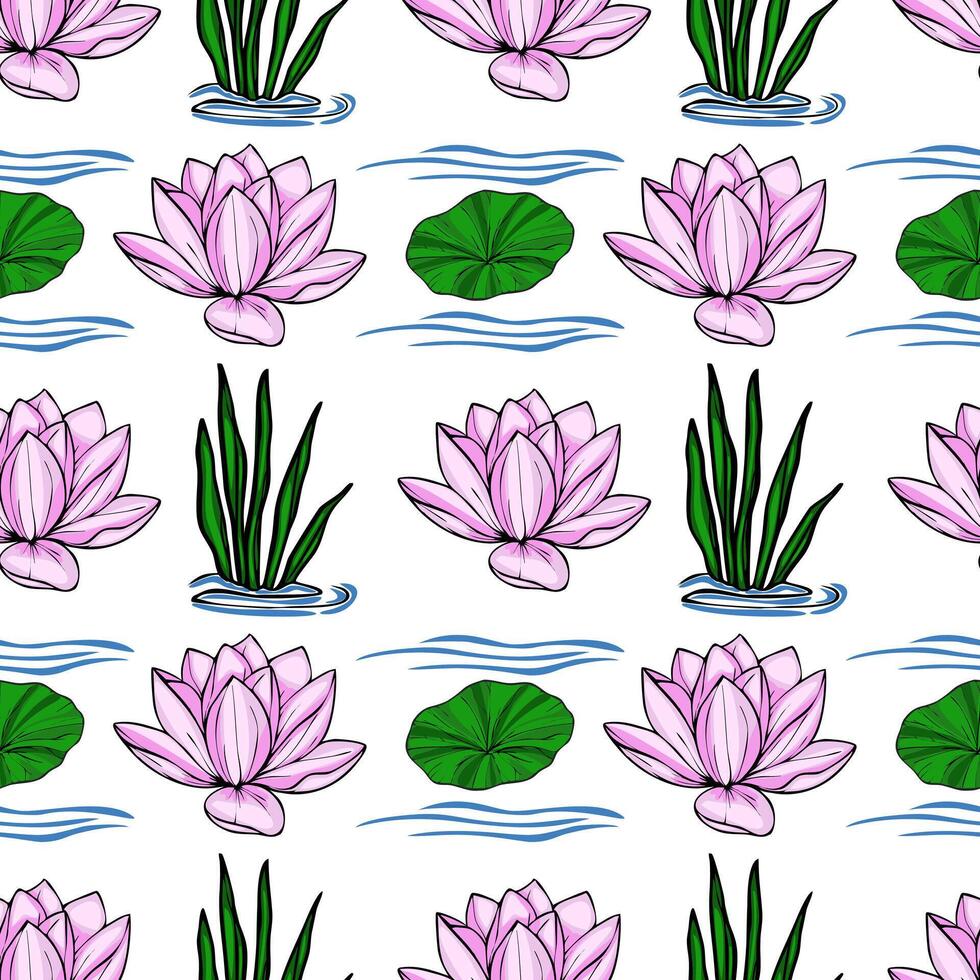 This seamless pattern features a serene aquatic scene with delicate pink lotus flowers, vibrant green lily pads, and lush water plants, all elegantly arranged against a crisp white backgroun... vector