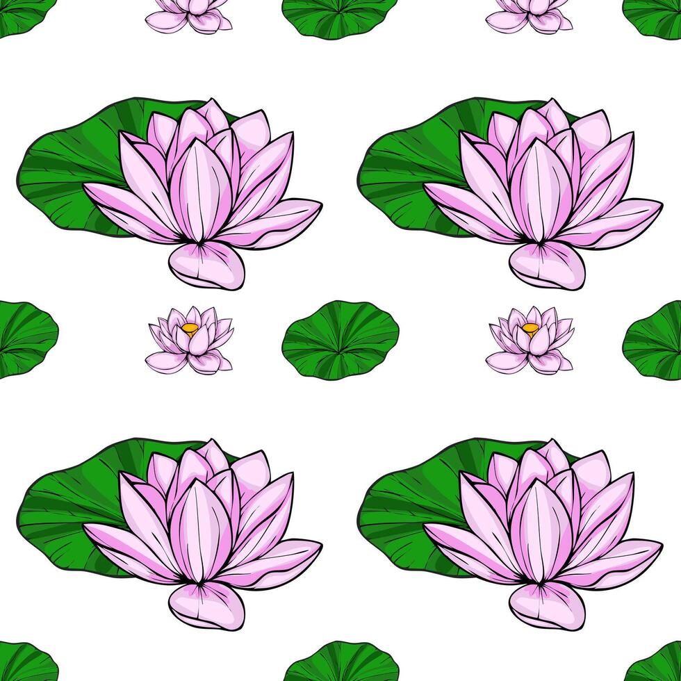 A delicate seamless pattern featuring pink lotus flowers and vibrant green lily pads, creating a serene and elegant floral design ideal for various applications. vector