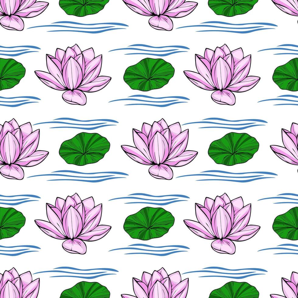 Seamless pattern featuring delicate pink lotus flowers and vibrant green lily pads floating serenely on stylized blue water waves, creating a tranquil and elegant design. vector