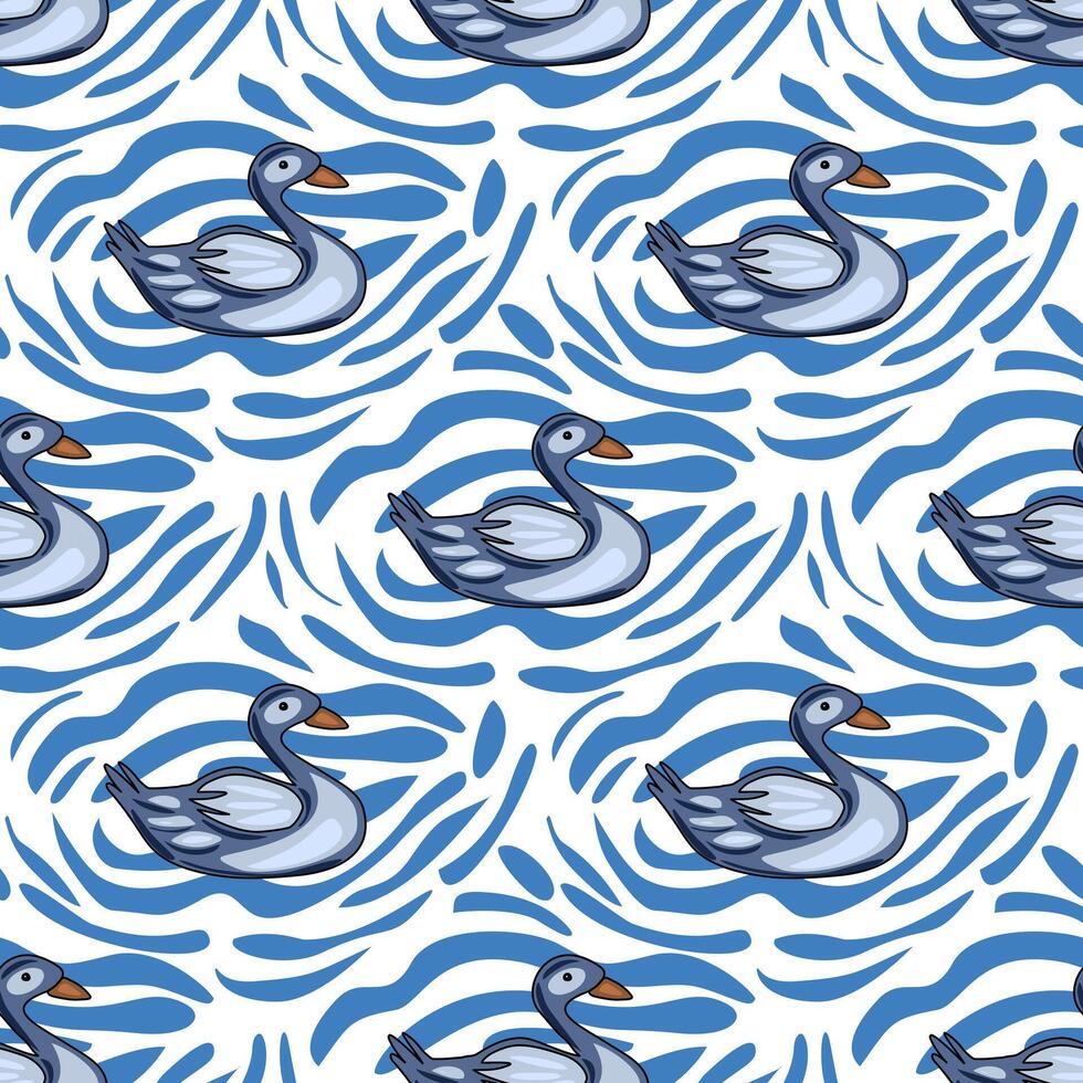 Seamless pattern featuring stylized grey swans gracefully gliding on an abstract blue and white wavy water background, creating a calming and elegant design. vector