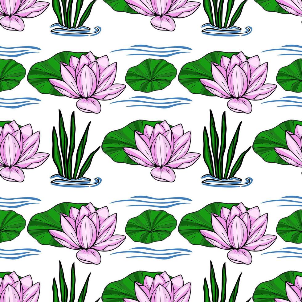 Serene seamless pattern featuring delicate pink water lilies, vibrant green lily pads, and lush aquatic grasses, all gracefully floating on a calm, light blue water surface. vector